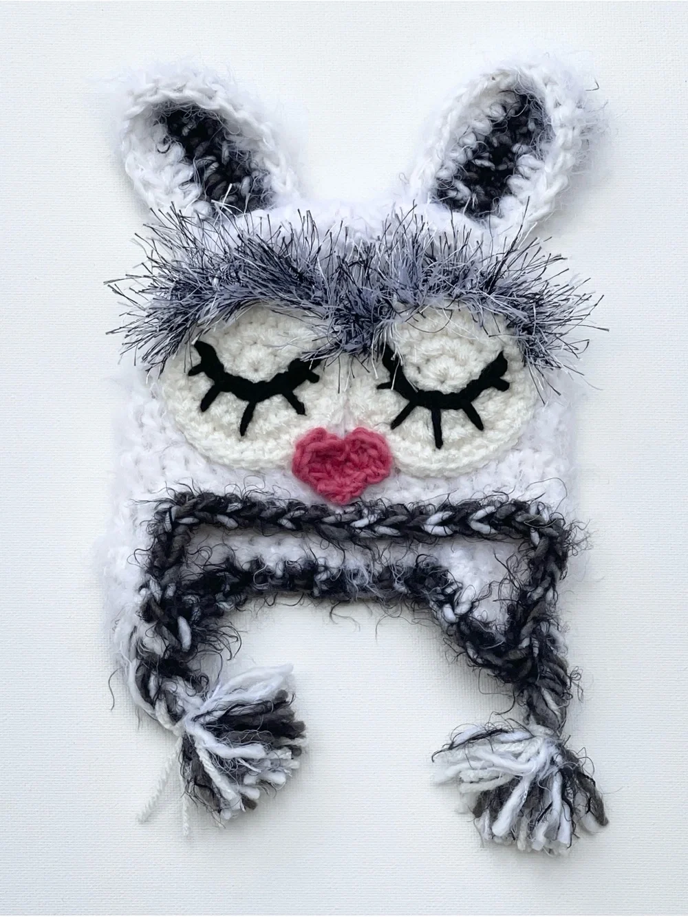 Handmade Baby Bunny Animal Earflap Hat – White & Gray Fuzzy Newborn Hat